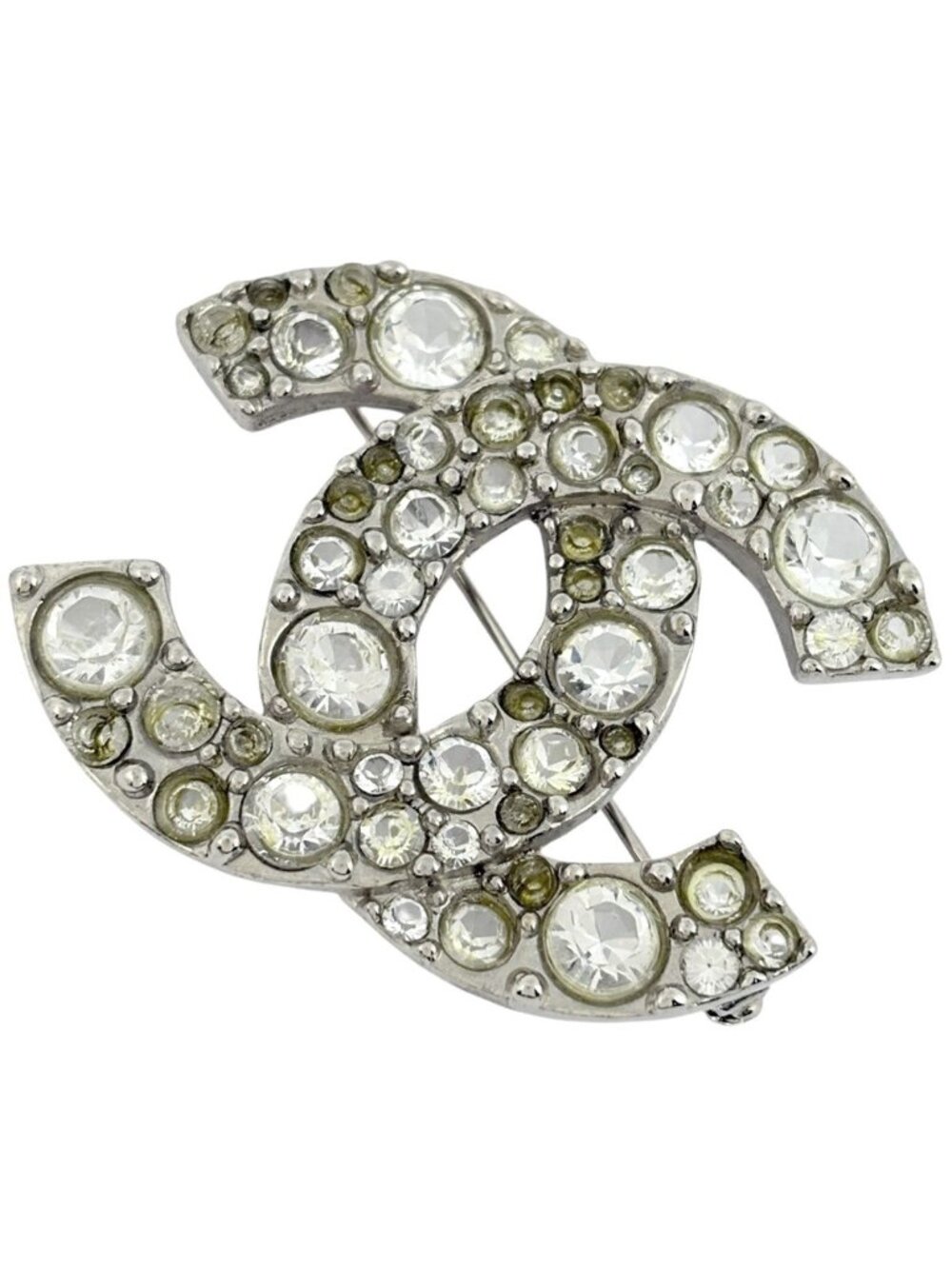 Chanel CC Logo Rhinestone Brooch Silver Plated - Picture 1 of 5